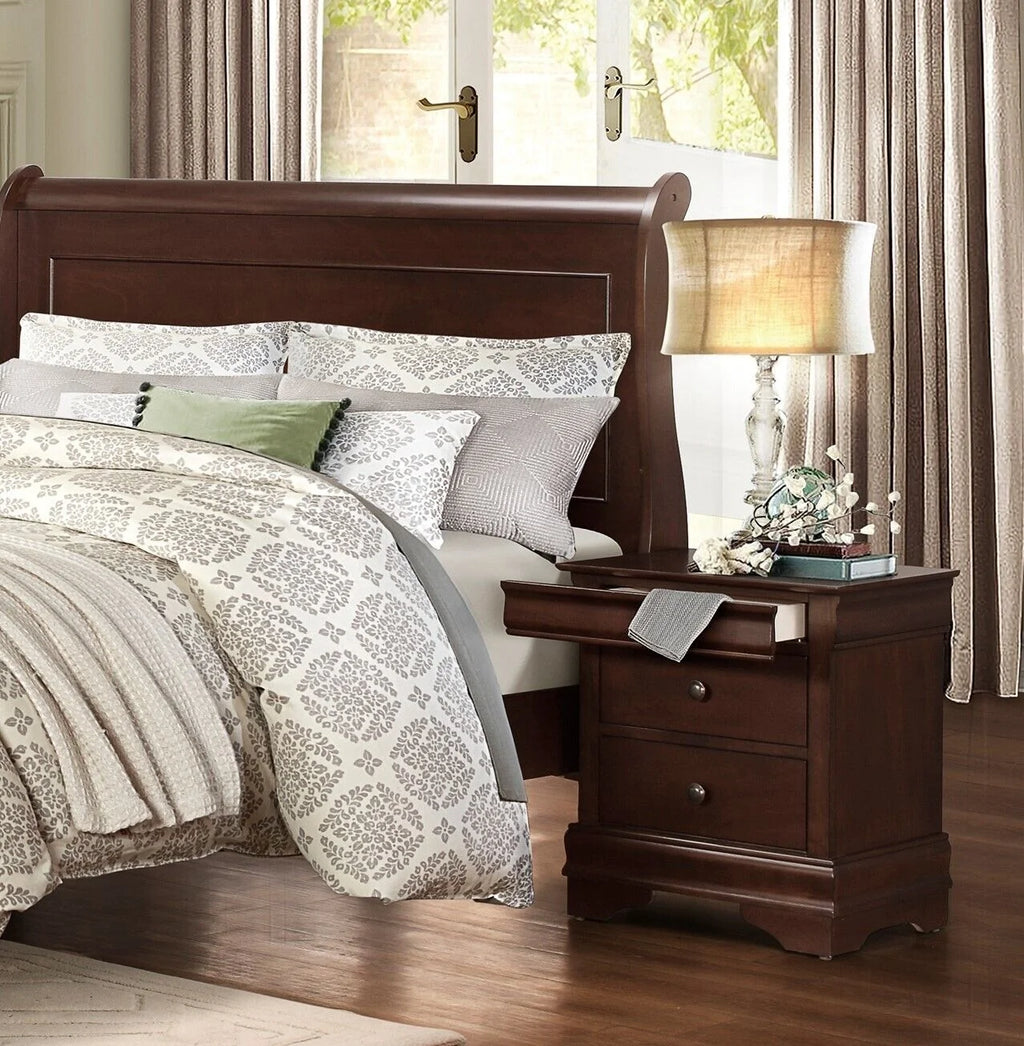 6pc Classic Style Full Sleigh Bed Dresser Mirror Nightstand Chest Wooden Bedroom Furniture Set Brown Cherry Finish
