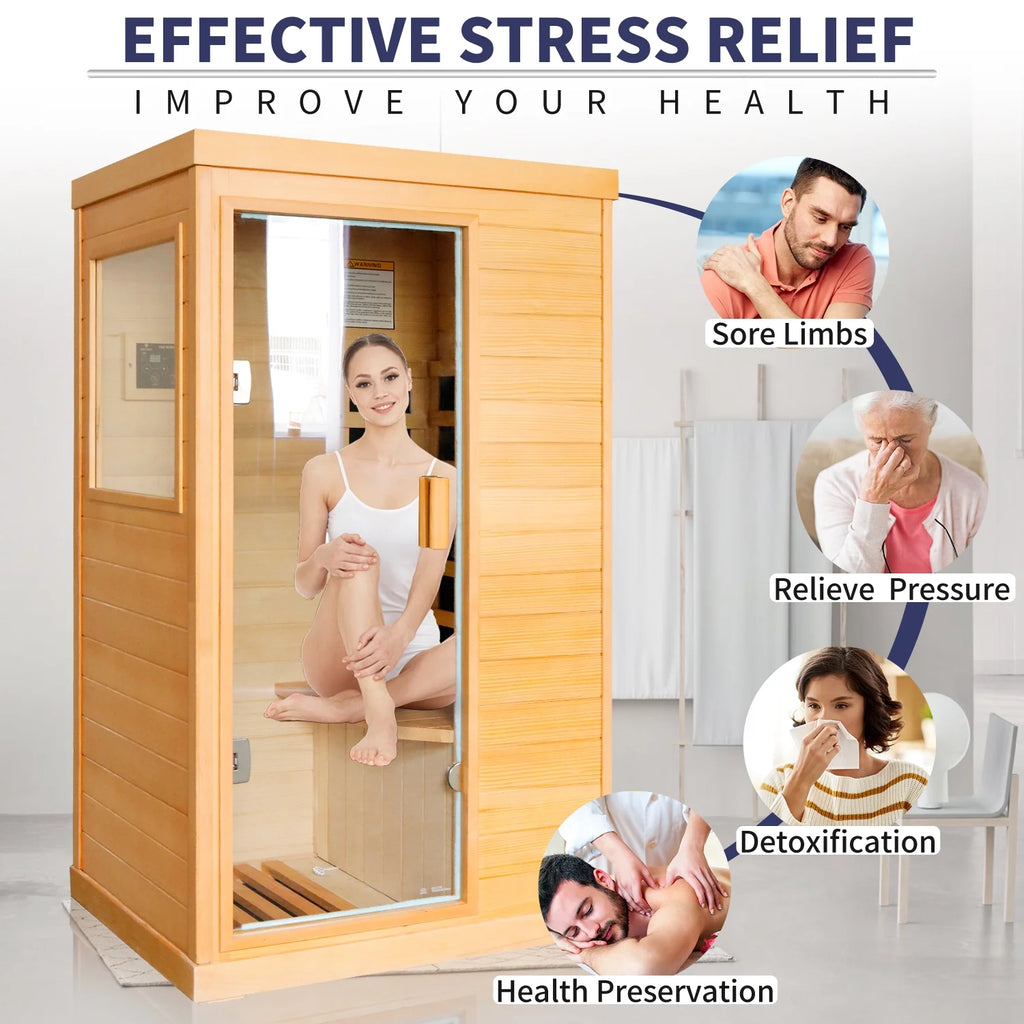 OUTEXER 800W Far Infrared Sauna with Carbon Heaters, Canadian Hemlock Wood, Indoor Use