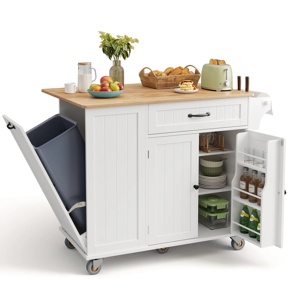 Noelse Rolling Kitchen Island with Drop Leaf Table and Hidden Trash Cabinet, Mobile Kitchen Cart with Storage Drawer, Adjustable Shelves & Rubberwood Countertop on Wheels, White