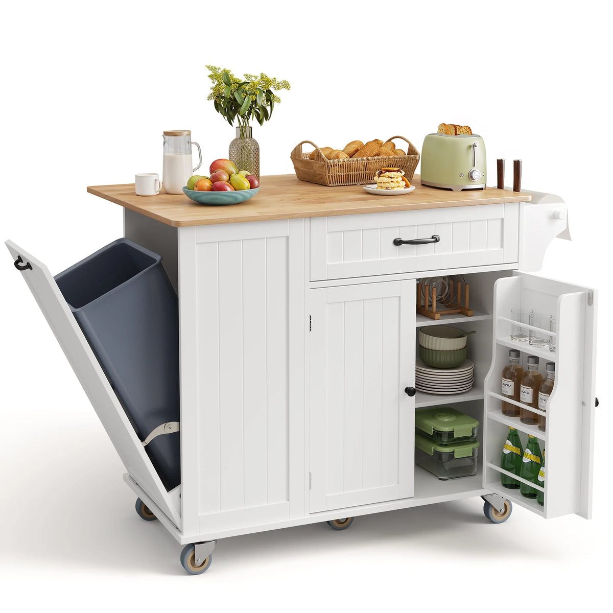 Noelse Rolling Kitchen Island with Drop Leaf Table and Hidden Trash Cabinet, Mobile Kitchen Cart with Storage Drawer, Adjustable Shelves & Rubberwood Countertop on Wheels, White