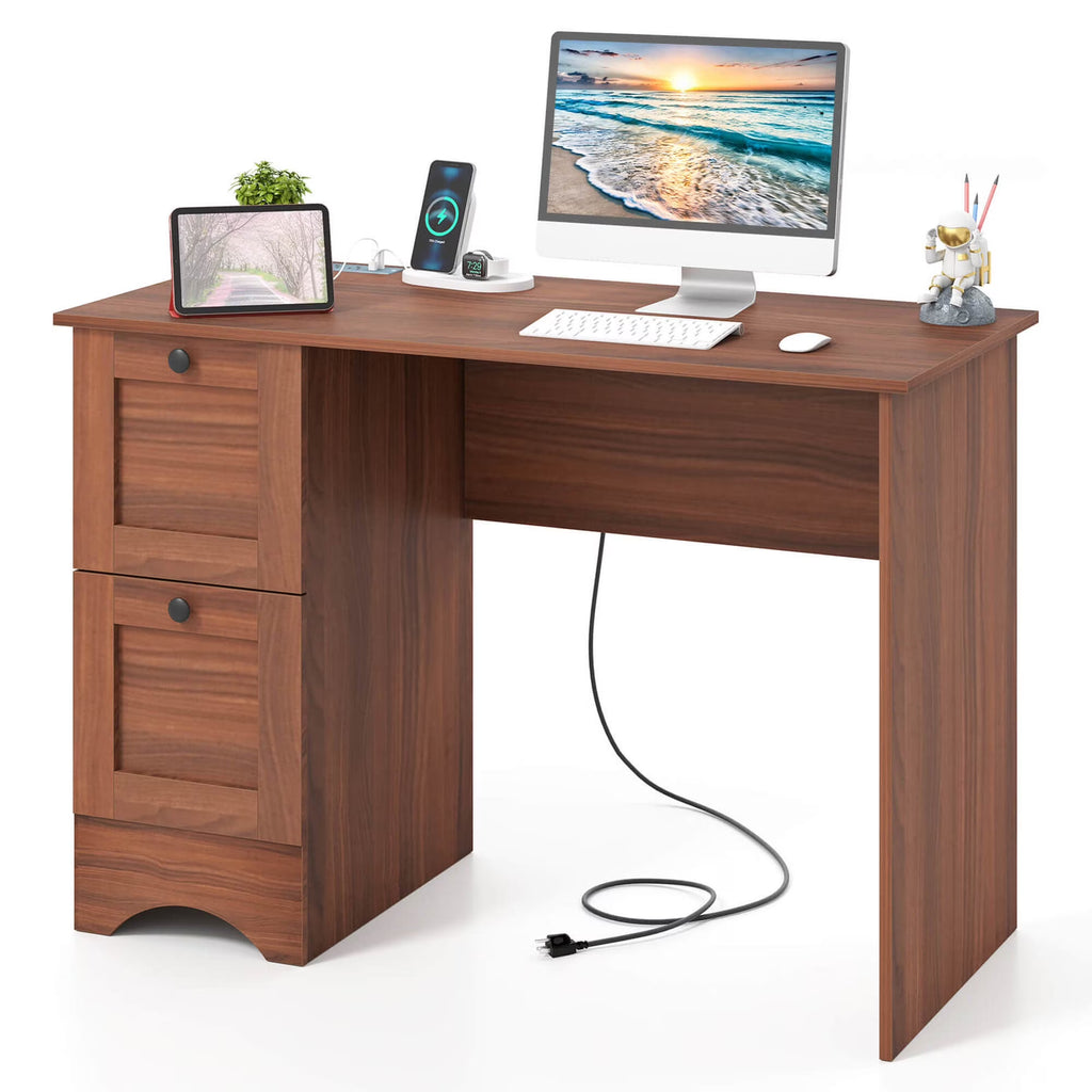 Costway 43" Home Office Desk with Charging Station Compact Study Writing Desk Walnut