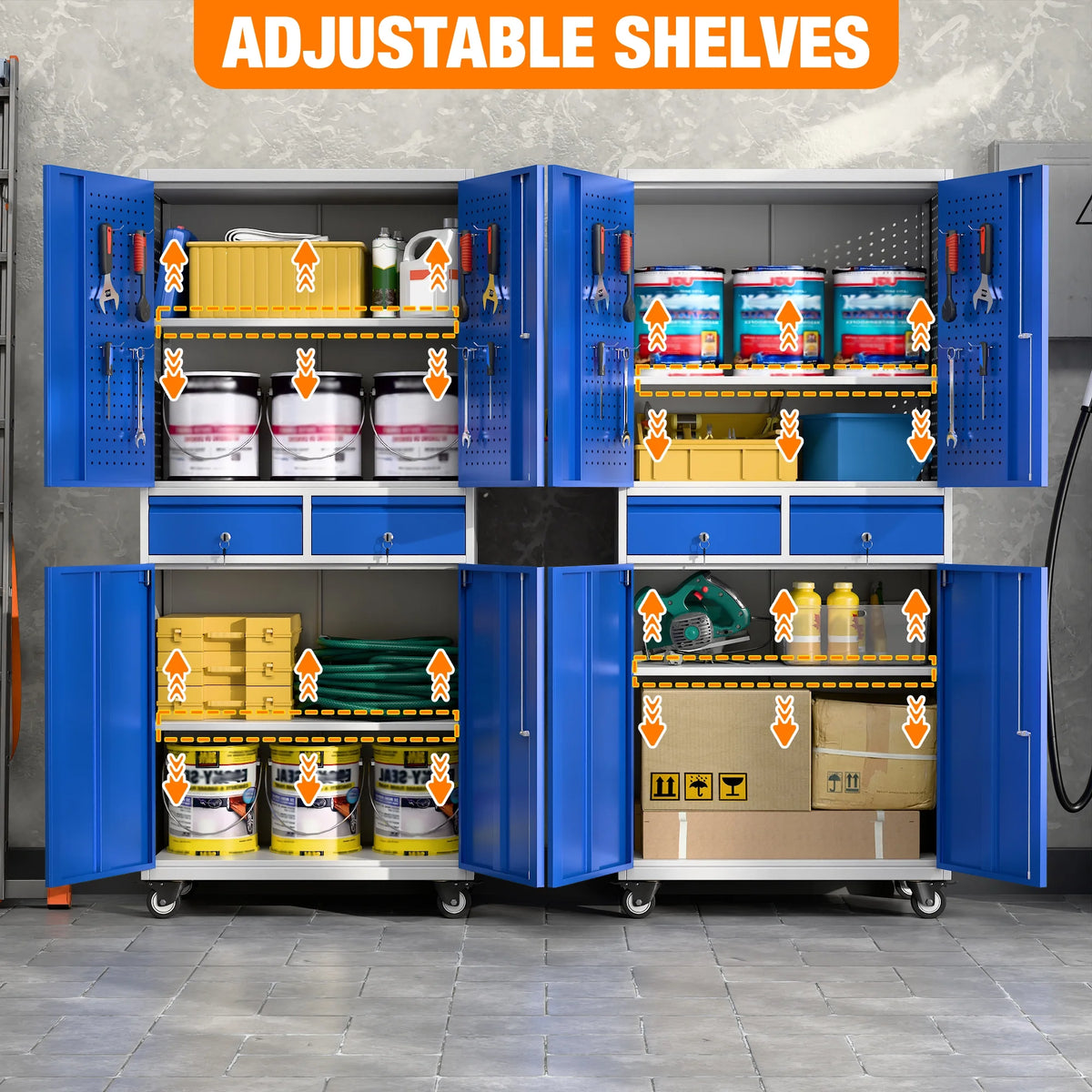 SUPEER 71" Metal Storage Cabinets with Wheels and Pegboards, Industrial Cabinet with 2 Drawers and 2 Adjustable Shelves,, Assembly Required