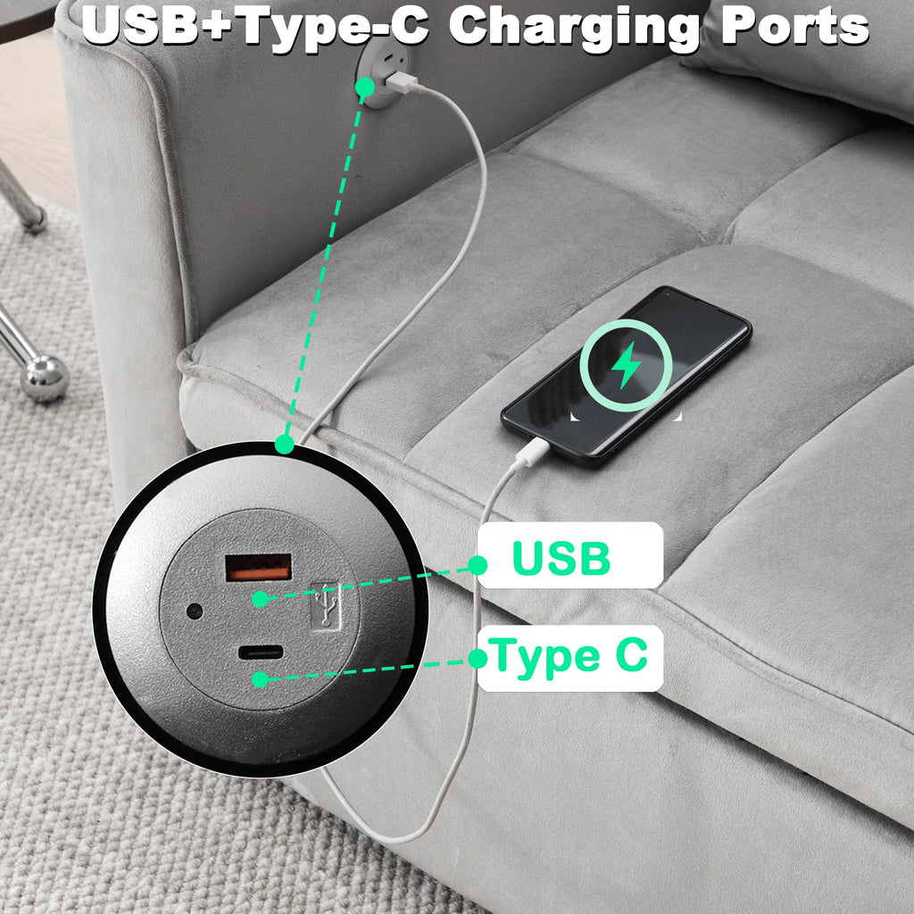 BINBANK Black Velvet 3-in-1 Convertible Sleeper Sofa Bed a?? USB Charging, Adjustable Backrest Pull-Out Futon Loveseat Couch for Living Room, Apartment & Small Space
