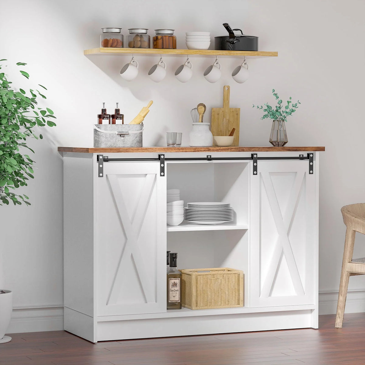 Catrimown Farmhouse Coffee Bar Cabinet , 42�? Buffet Sideboard Cabinet with Sliding Door, Sideboard Storage Cabinet, White