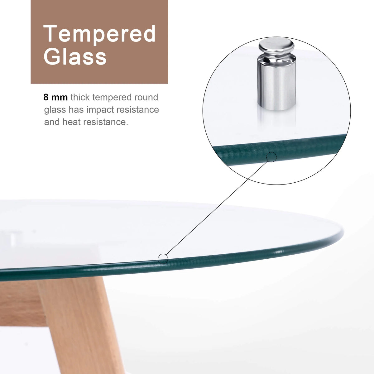 Ivinta Modern Round Glass Home Kitchen Small Dining Table Brown Oak Legs 31.5 inch