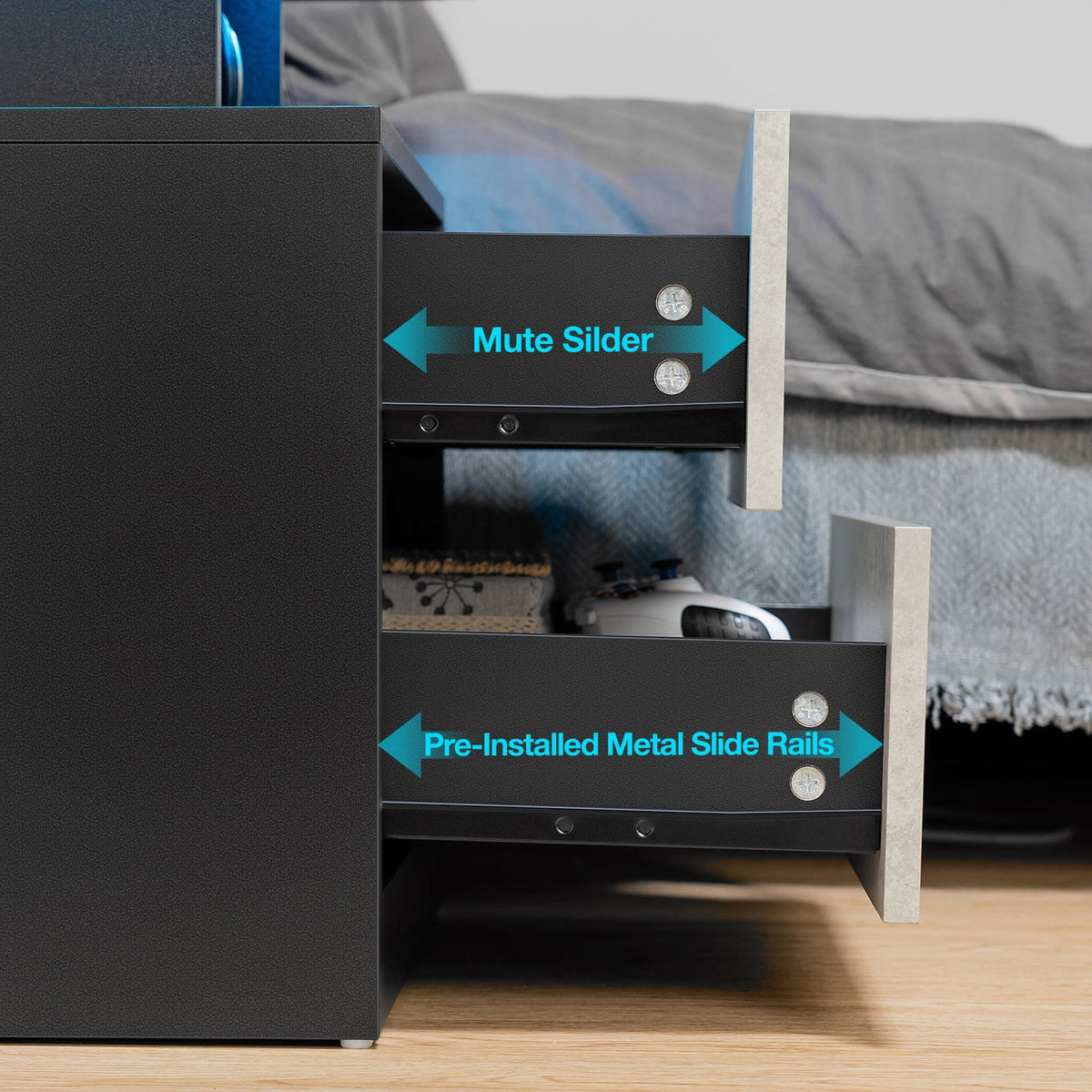 Hommpa LED Nightstand with Wireless Charging Station Modern Nightstand Type C USB Port 2 Drawers Bedside Table Black Smart Night Table High Gloss End Side Table for Bedroom Furniture 22.3" Tall