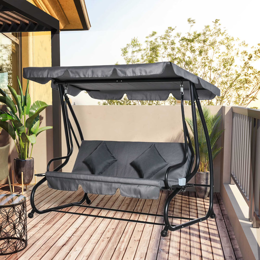 Outsunny 3-Seat Steel Outdoor Canopy Porch Swing with Cushions and Pillows, Light Brown