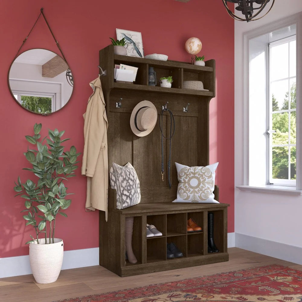 Woodland 40W Hall Tree and Shoe Bench with Shelves in Gray - Engineered Wood