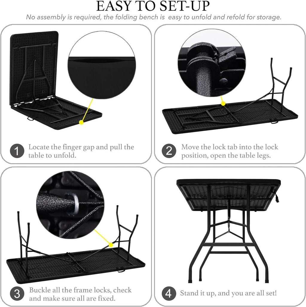 AJP Distributors 6 Foot Portable Plastic Folding Table 6FT 72" Half Foldable Heavy Duty Top w/Carry Handle - Indoor Outdoor Camping Picnic Party Wedding Dining Office Event Meeting Black Wood Style