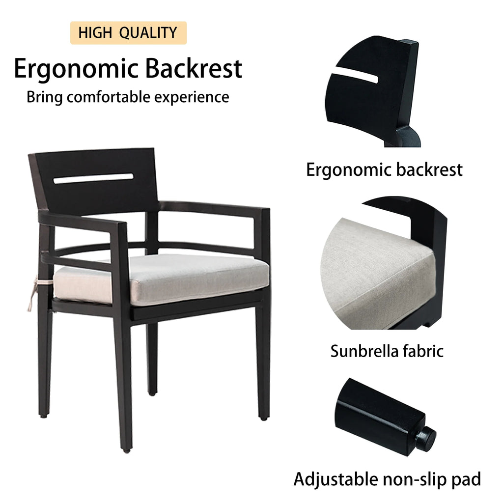 Outdoor Patio K/D Aluminum Stationary Dining Chairs 2PCS with Outdoor-grade Sunbrella Fabric Cushions, Branch-Like Backrest ,FSC-Certified Wood Armrests, Bourbon Brown