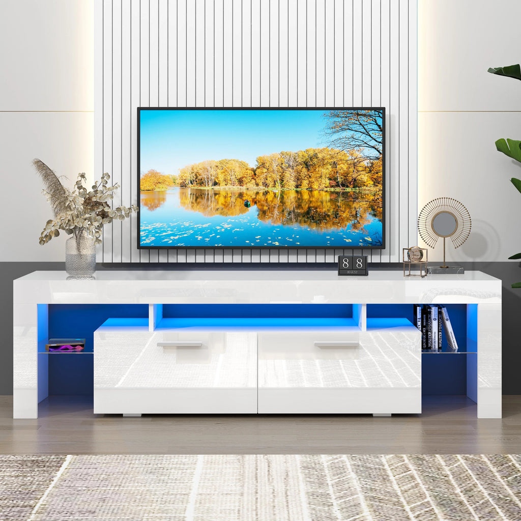 UHOMEPRO TV Stand for TV up to 70", Living Room Entertainment Center with RGB LED Lights and Storage Shelves Furniture, White High Gloss TV Cabinet Console Table