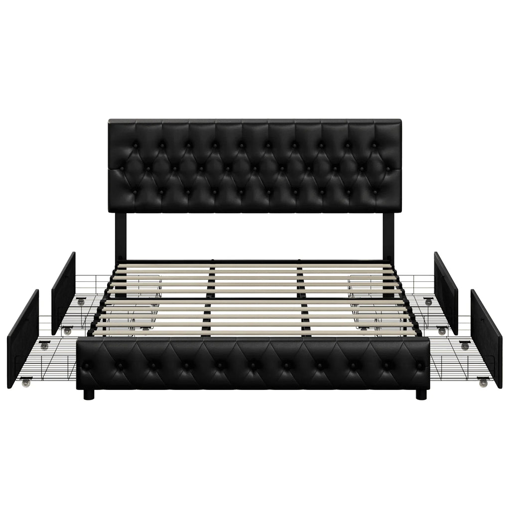 Homfa Faux Leather Storage Platform Bed Frame, King Black Bed Frame with 4 Drawers, Upholstered with Adjustable Headboard