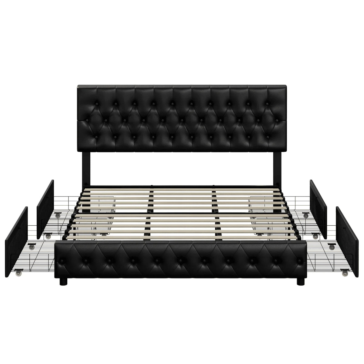 Homfa Faux Leather Storage Platform Bed Frame, King Black Bed Frame with 4 Drawers, Upholstered with Adjustable Headboard