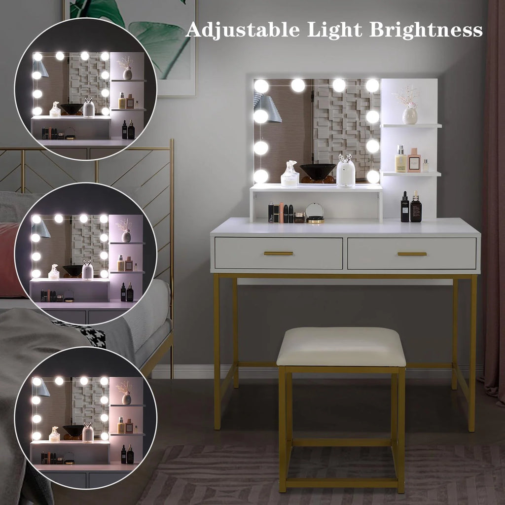 Ktaxon Lighted Makeup Vanity, White Vanity Table Set with 2 Drawer and Charging Station, Femal Gift