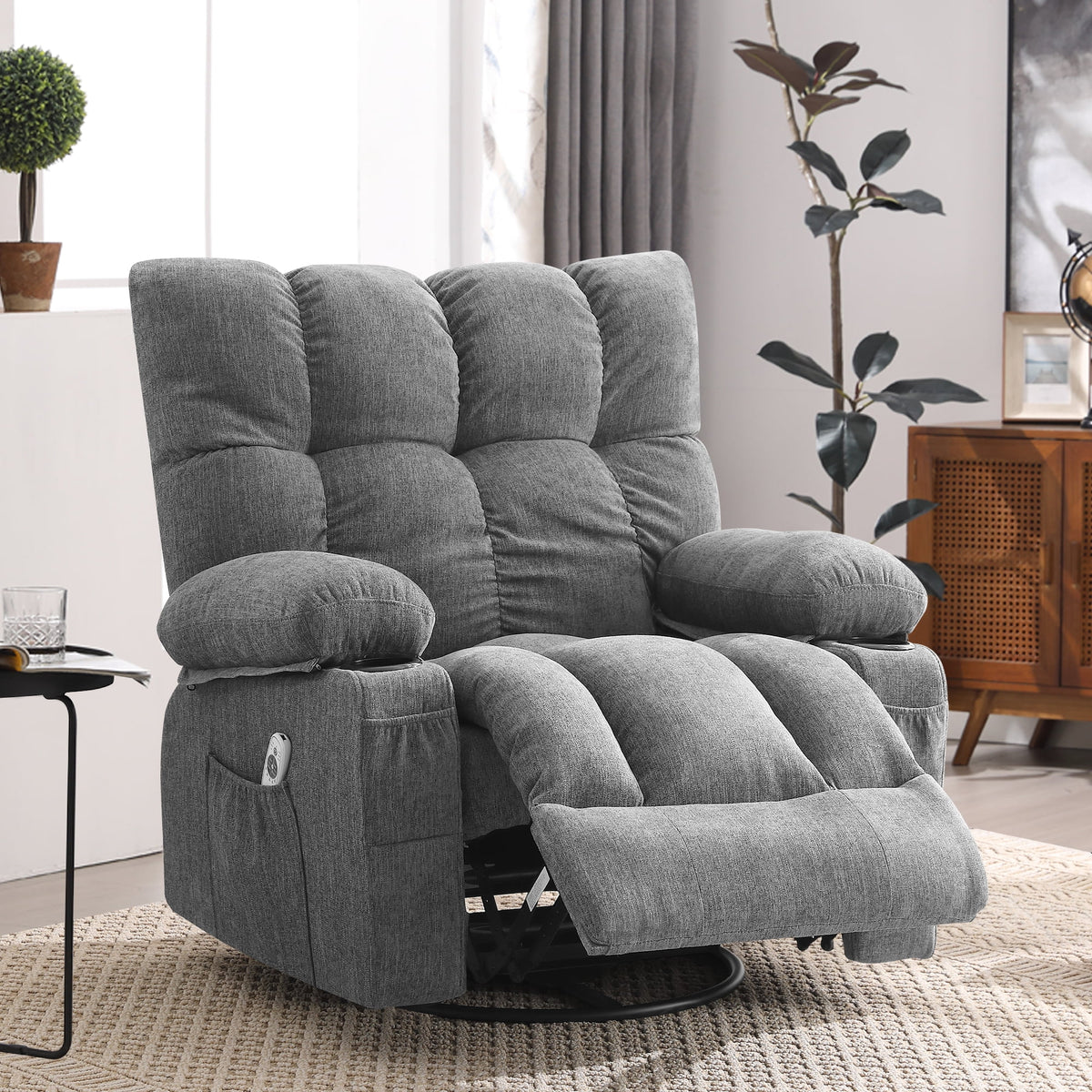 JONPONY Manual Recliner Chair with Heat Therapy and Massage Function, Heavy Duty Reclining Mechanism Massage Chair, Elderly Single Rocker Sofa with Cup Holders for Bedroom Home Theater,Grey