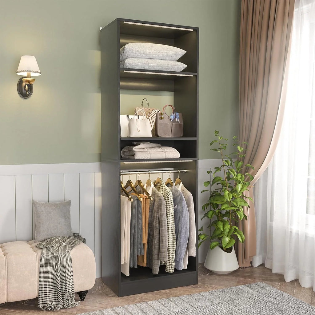 Homieasy 25�?Closet System, Freestanding Closet Organizer Wardrobe with Hanging Rods and Shelves, Adjustable Clothes Garment Rack, Sturdy Walk in Closet Tower, White
