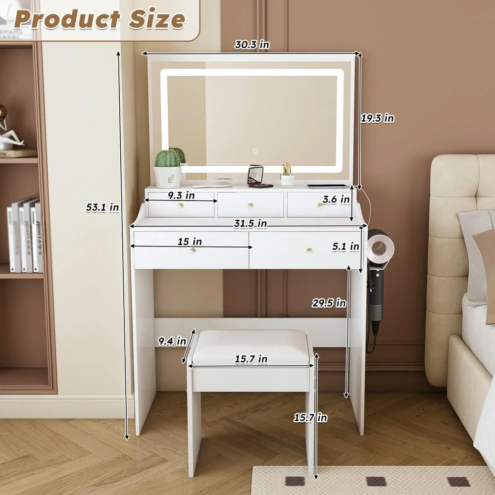 Kadyn Vanity Desk with Lighted Mirror, Vanity Table and Chair Set with 2 Drawers, Dressing Table Makeup Desk with 1 Door, Retro Gray