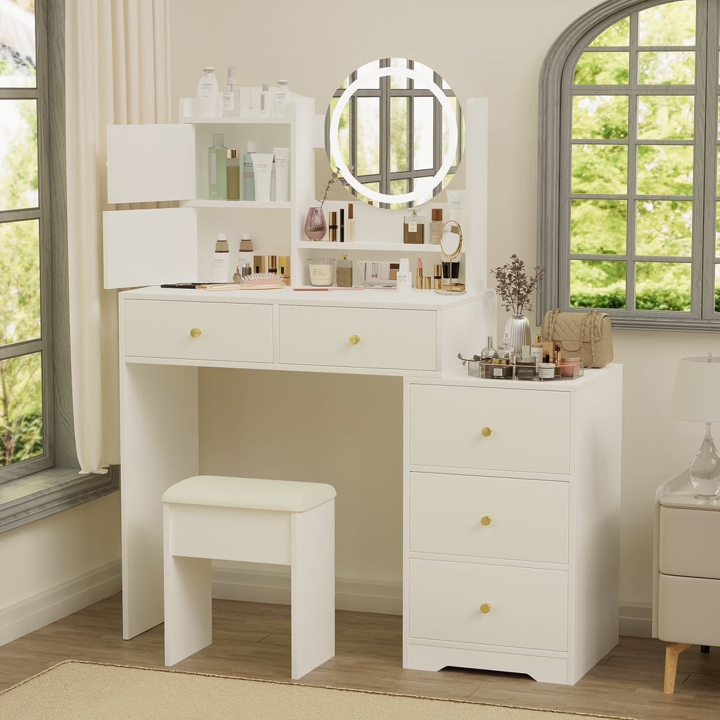 Montary Modern Mini Vanity w/Adjustable LED Mirror + Hidden Storage, Padded Stool & Dustproof Shelves (White)