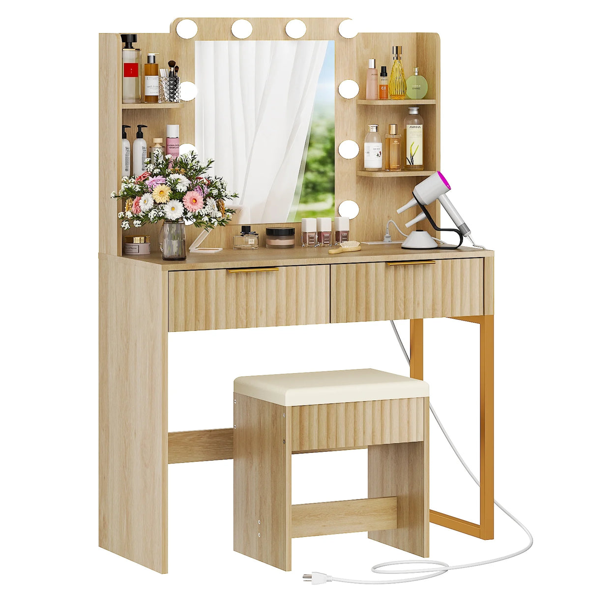 Ktaxon Lighted Makeup Vanity, White Vanity Table Set with 2 Drawer and Charging Station, Femal Gift