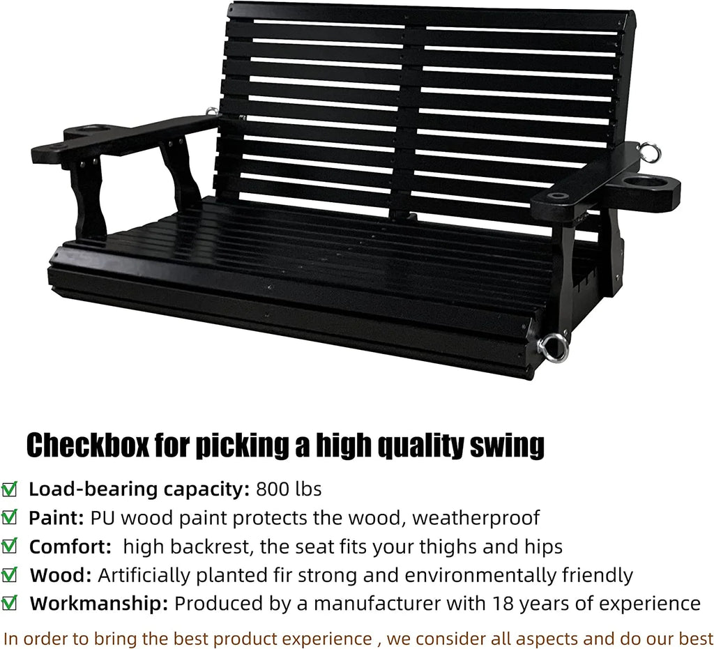 Fortune Candy 3 Person Outdoor Wood Hanging Swing, Heavy Duty 880 lbs Wood Porch Swing, Brown-5ft