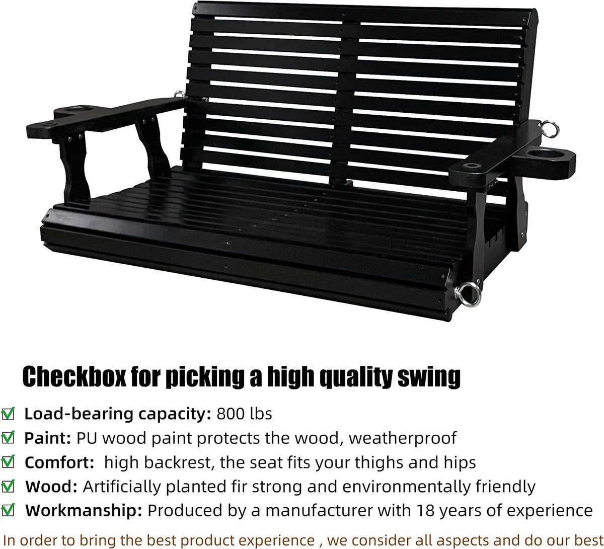 Fortune Candy 3 Person Outdoor Wood Hanging Swing, Heavy Duty 880 lbs Wood Porch Swing, Brown-5ft