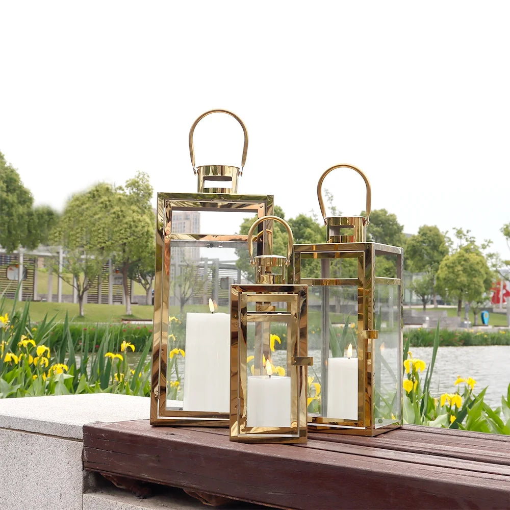 Stainless Steel Lantern Set of 3 12/15/19" Metal Lanterns with Tempered Glass for Parties & Events (Silver )