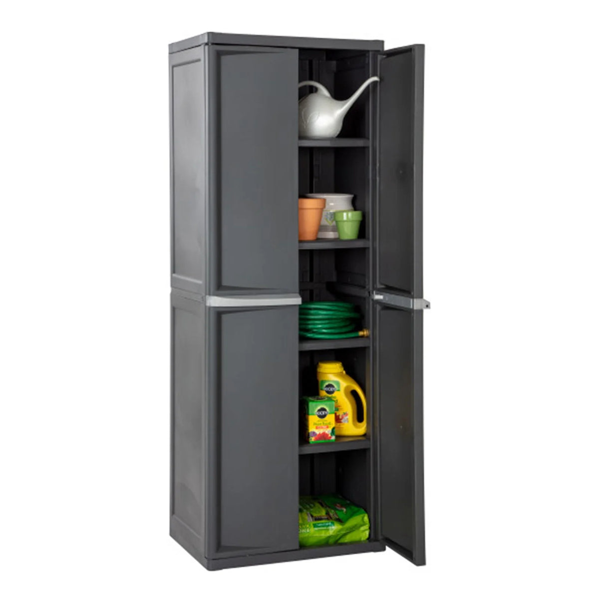 Wangbujianwang 4 Shelf Cabinet, Lockable Utility Storage w/ Adjustable Shelves, Gray - Plastic Shelving Unit for Organizing Garage, Pantry, Basement, Laundry Room or Mudroom