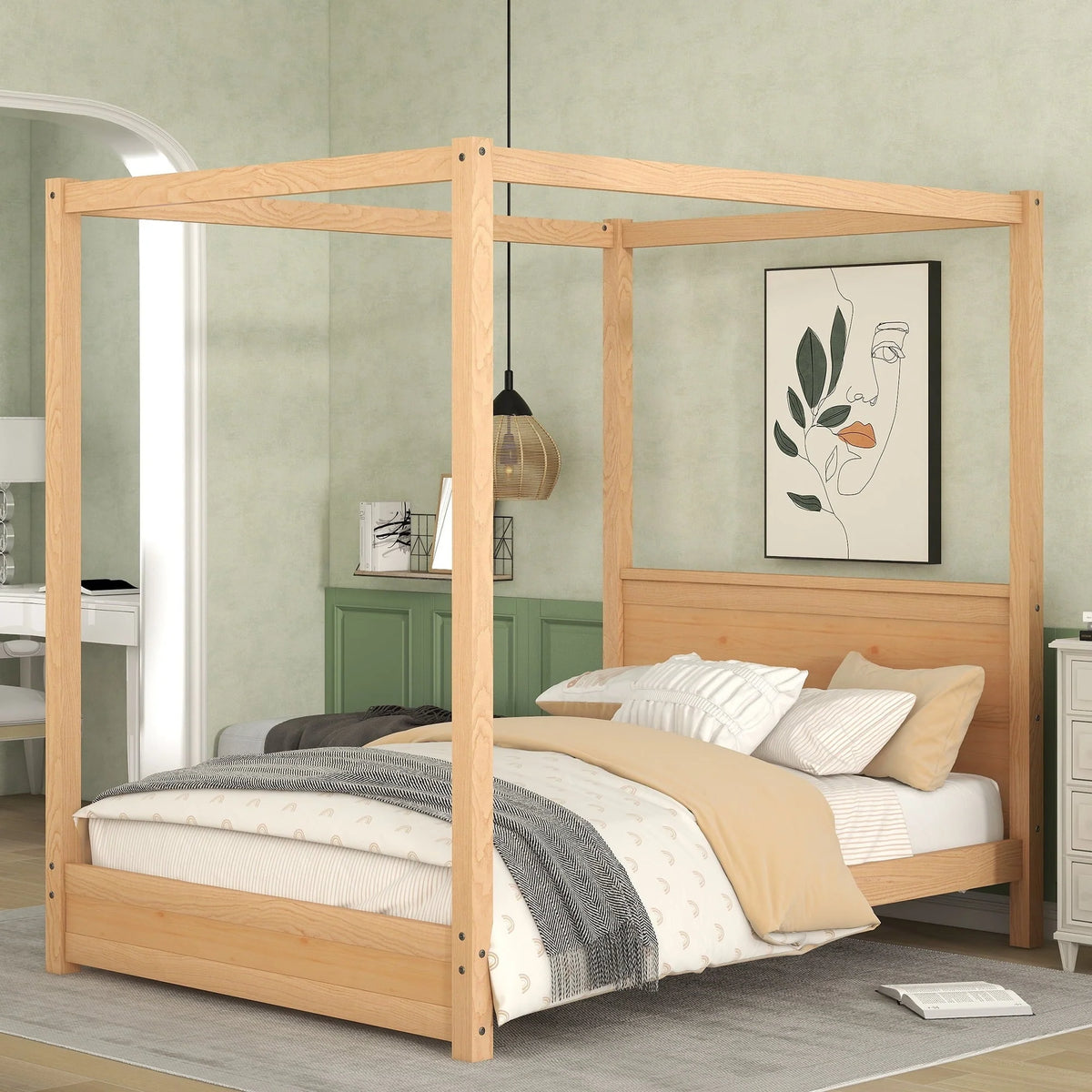 Modern Full Size Canopy Platform Bed with Headboard and Support Legs,Natural