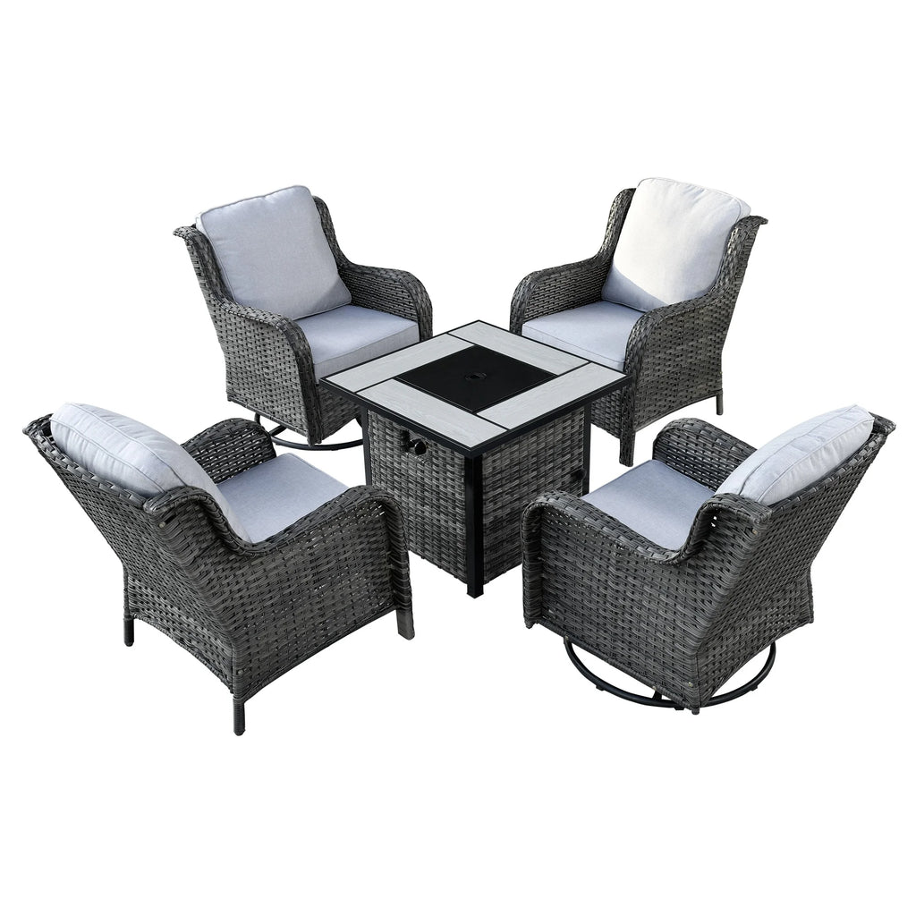 Ovios 6 Pieces Outdoor Furniture with CSA Fire Pit All Weather Wicker Patio Conversation Set with Single Chair for Porch