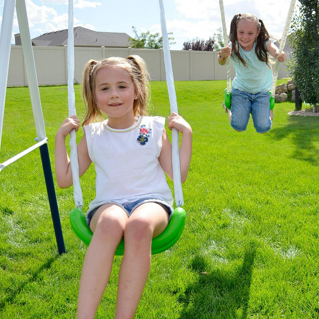 Sportspower Outdoor Rosemead Metal Swing Set with Roman Glider. Saucer. 6.5′ Slide with Lifetime Warranty. and Bonus Anchor Kit. Great for Kids Aged 3-8