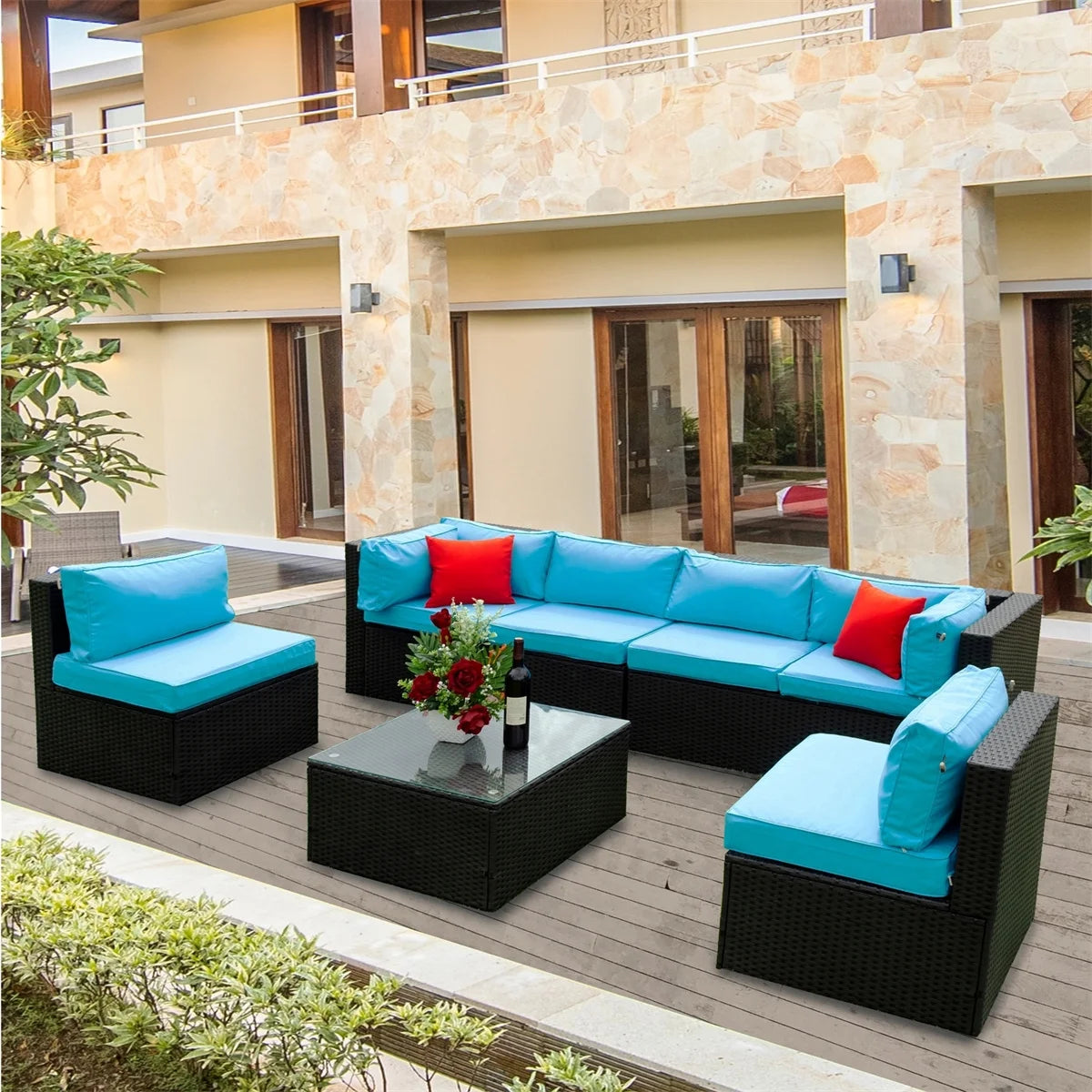 7 Piece Patio Furniture Sets Outdoor Sectional PE Rattan Outdoor Furniture Patio Conversation Set with Cushions and Glass Coffee Table, for Balcony Lawn and Garden, Gray