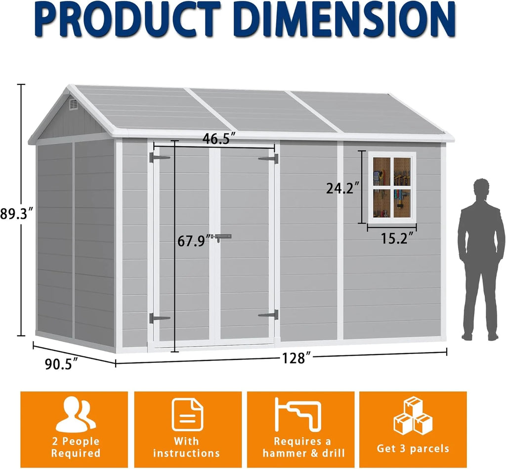 9 x 5.8 FT Outdoor Storage Shed, Linor Resin Shed with Floor, Window, and Vents, Weather-Resistant Garden Shed for Garden Tool Outside Sheds, Bike Shed, Backyard Shed
