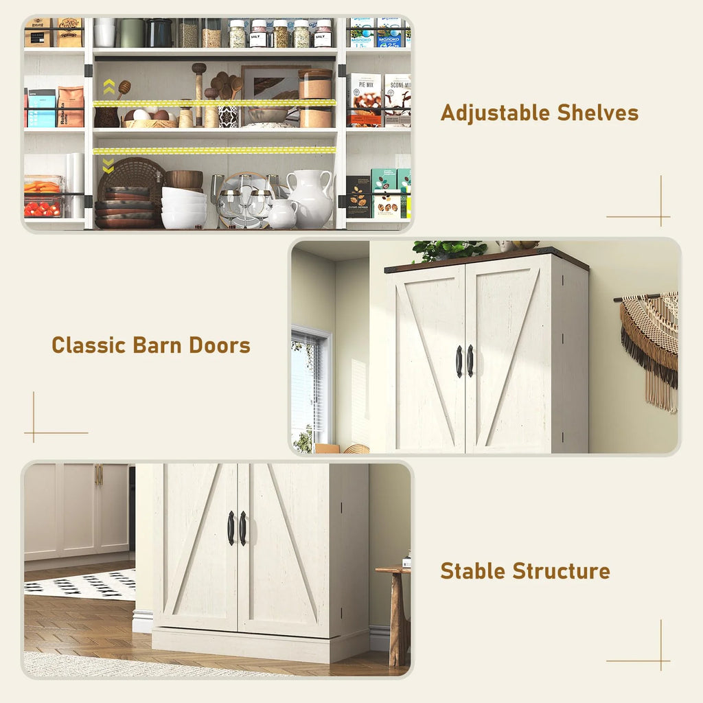 71" Tall Farmhouse Kitchen Pantry with 12 Side Shelves & Adjustable Shelves, 5 Layers Pantry Storage Cabinet w/Load-Bearing Steel Pipe & 4 Barn Doors for Kitchen, Dining Room, Living Room, Brown