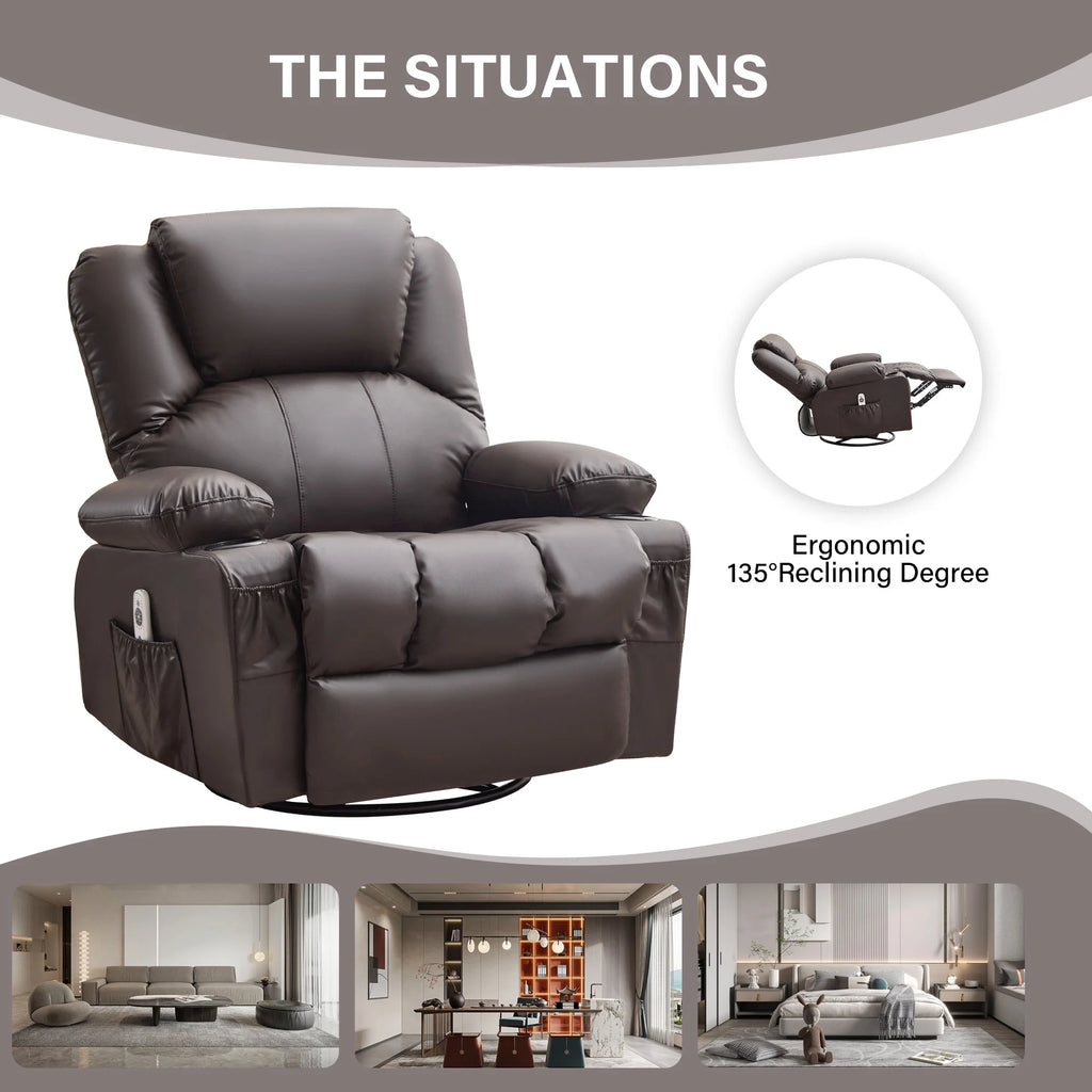 JONPONY Manual Recliner Chair with Heat Therapy and Massage Function, Heavy Duty Reclining Mechanism Massage Chair, Elderly Single Rocker Sofa with Cup Holders for Bedroom Home Theater,Black