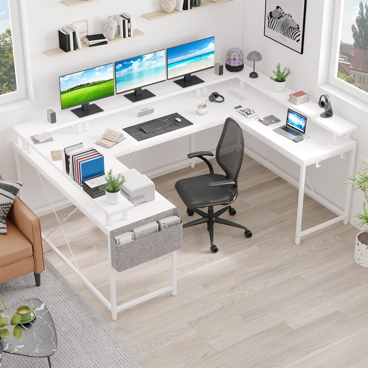 Yesfashion U Shaped Computer Gaming Desk, Reversible L Shaped Desk with Power Outlets, LED Strip & Monitor Stand, Large Corner Desk with Storage Shelves