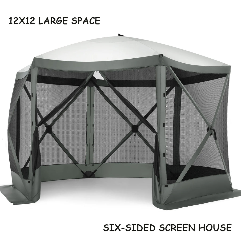 COBIZI 12'x12' Pop-up Gazebo Outdoor Camping Tent with 6 Sides Mosquito Netting, Waterproof, UV Resistant, Portable Screen House Room, Easy Set-up Party Tent with Carry bag, Ground Spike, Brown