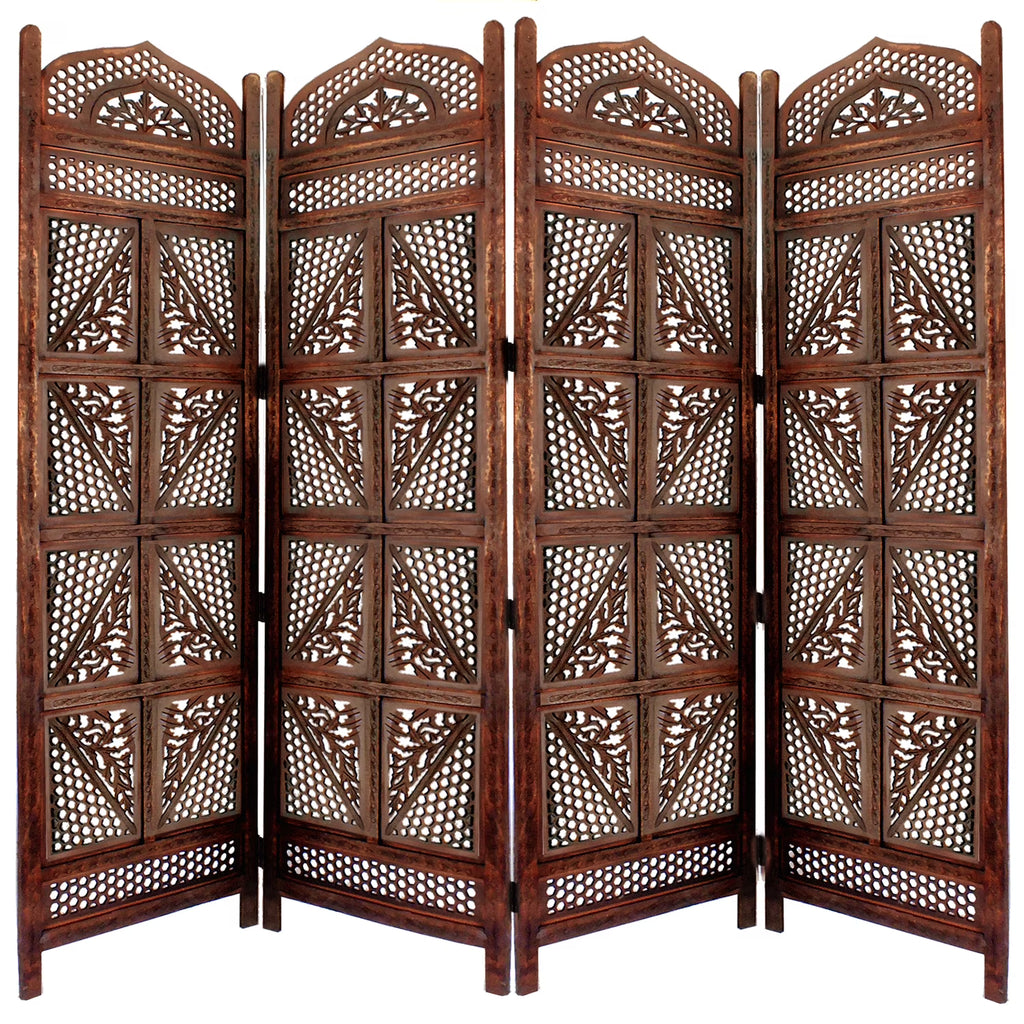 Four Panel Wooden Room Divider with Hand Carved Details in Antique Brown