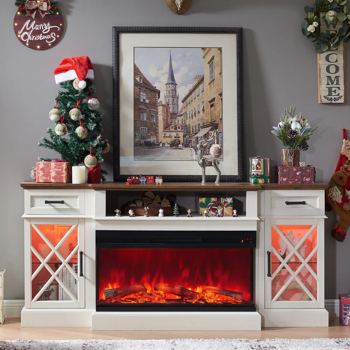 OKD Farmhouse 3-Sided Fireplace TV Stand for 80" TVs, 70" Entertainment Center with Electric Fireplace and Storage Drawers, Antique White