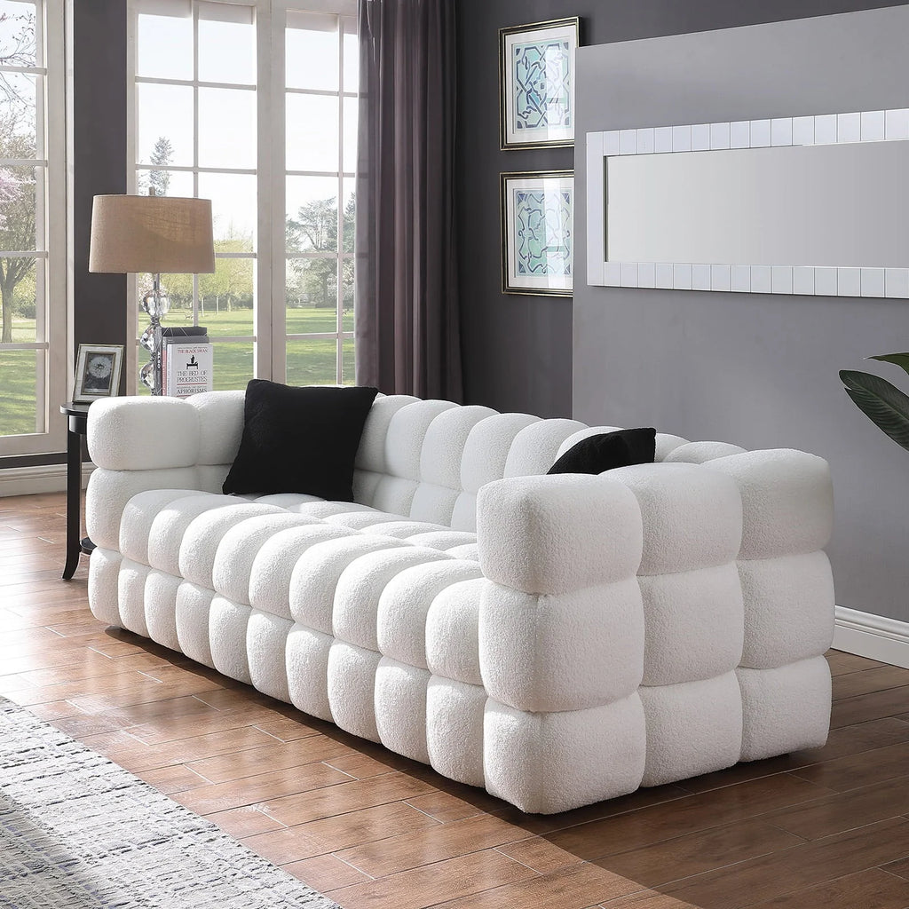 Holaki 3 Seater Sofa, 84.3" Modern Large Marshmallow Sofa with Boucle Arm, White