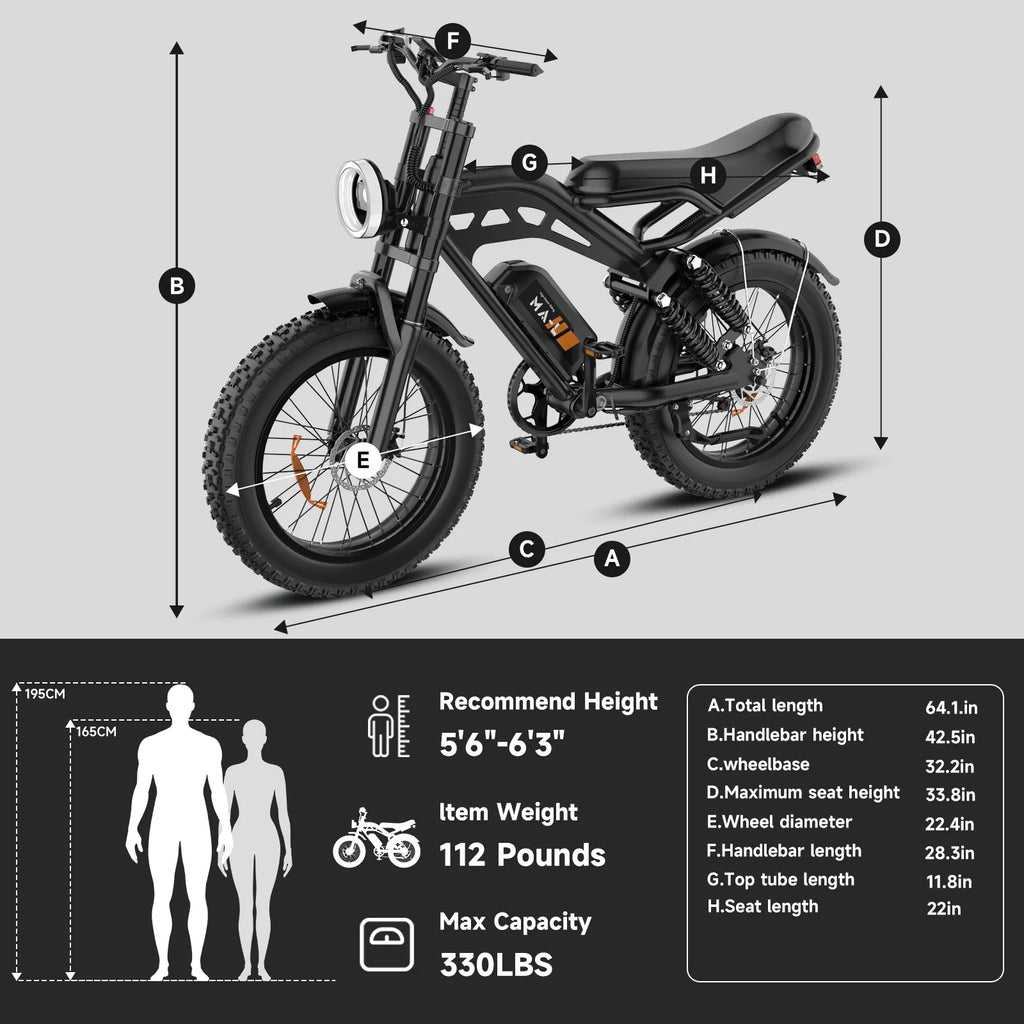 MA-L 1500W Peak Electric Bike for Adults, 48V 15Ah Battery, 20" x 4" Snow Fat Tire, Full Suspension, Shimano 7-Speed, E-Mountain Bike, UL2849
