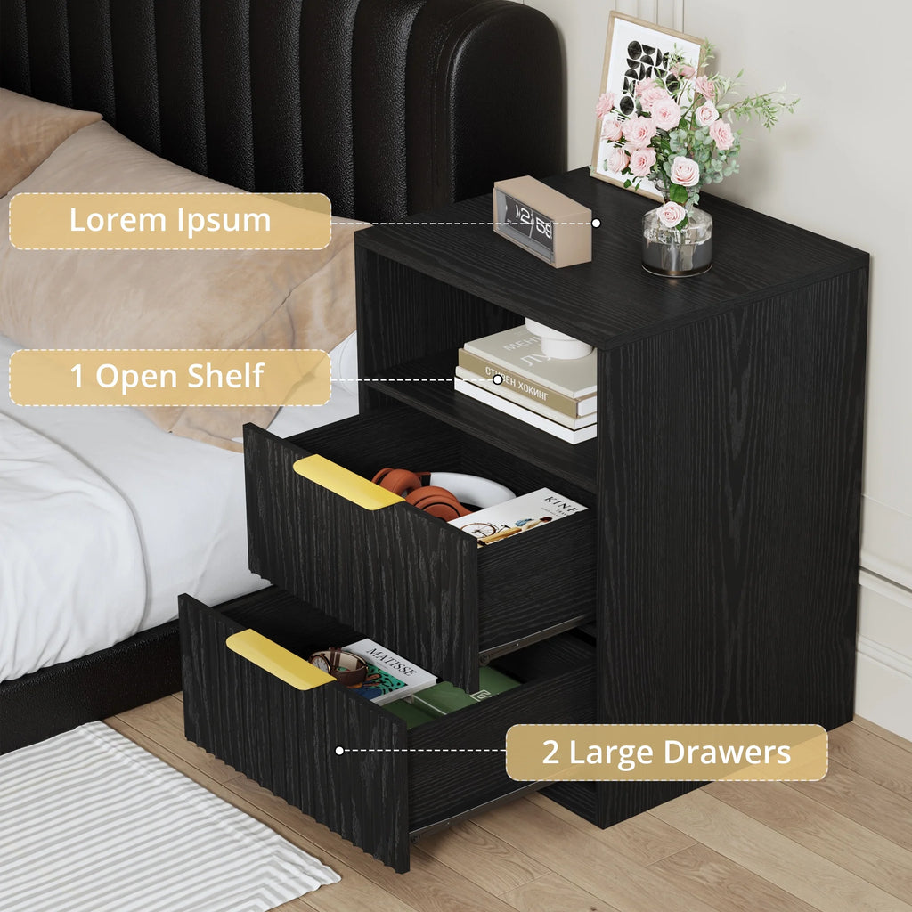 LIKIMIO Nightstand Set of 2, Fluted Bedside Table with Drawer Storage, Modern End Table Bedside Stand for Bedroom Living Room Office, Black