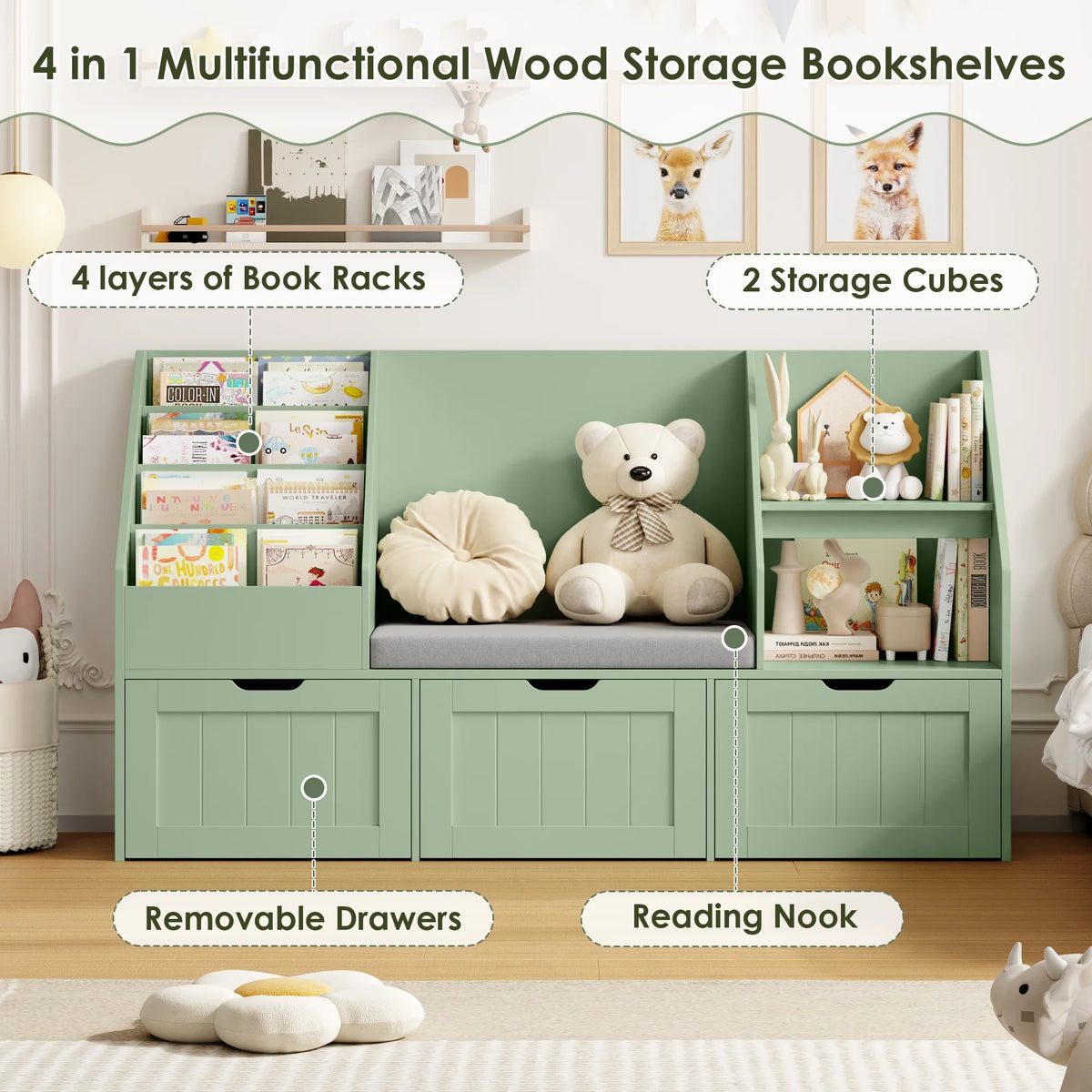 Homfa Kids Bookshelf with Reading Nook & 3 Movable Drawers, 2 Cube Bookcase with 4-Tier Book Racks, Toy Storage Organizer for Playroom Bedroom, White