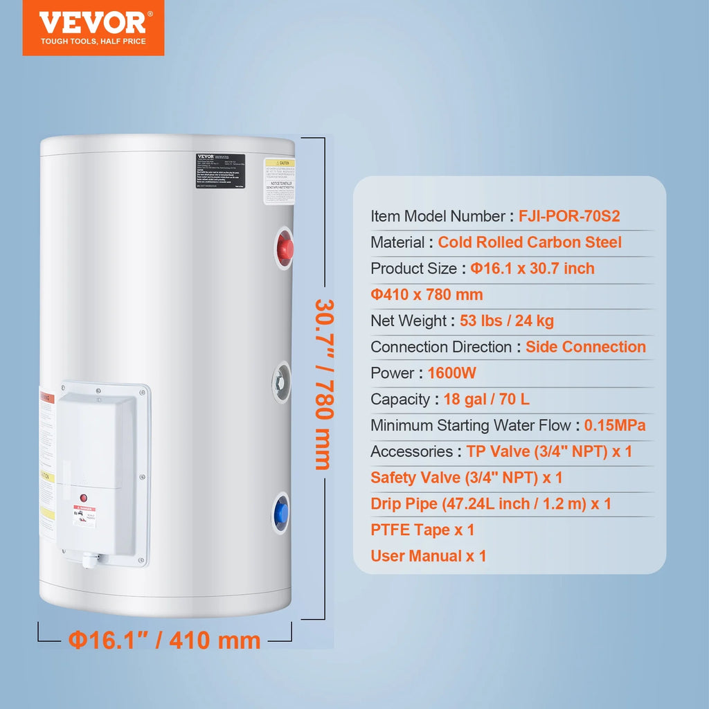 VEVOR Electric Water Heater, 18 Gallon Tank Instant Hot Water Heater, 1.6Kw Tankless Water Heater w/ LED Display,Knob Control, IPX4 Waterproof Side Connection On Demand Heaters for Shower, Bath
