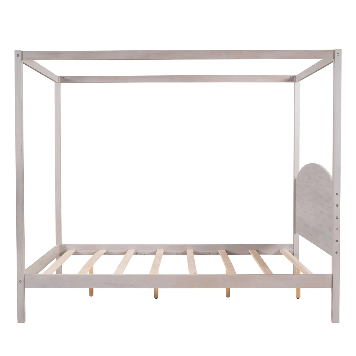 Queen Canopy Platform Bed with Built-in Headboard, Queen 4-Post Canopy Bed Frame with Center Legs and Under-bed Storage Space, Strong Wood Slats Support, Noiae Free, No Box Spring Needed, Grey Wash