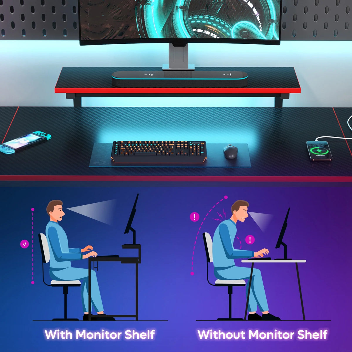 Bestier 52" Gaming Desk with LED Lights L Shaped Desk with Power Outlet & Monitor Stand Corner Computer Desk in Carbon Fiber