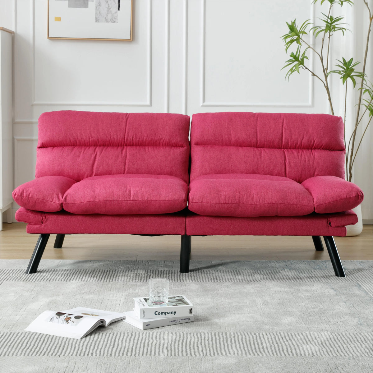 Memory Foam Futon,Convertible Futon Sofa Bed with Adjustable Armrests,Upholstered Futon Couch Sleeper Sofa for Compact Small Space,Rose Red
