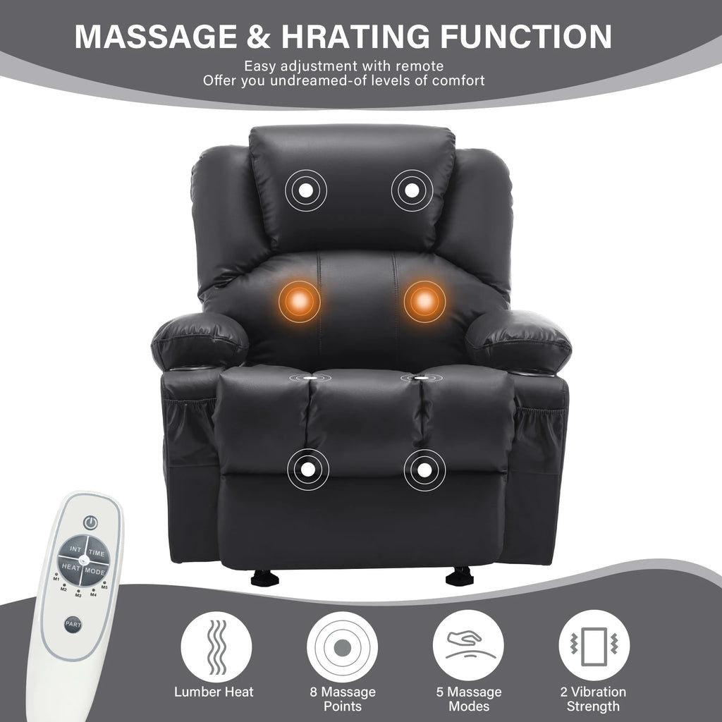 JONPONY Manual Recliner Chair with Heat Therapy and Massage Function, Heavy Duty Reclining Mechanism Massage Chair, Elderly Single Rocker Sofa with Cup Holders for Bedroom Home Theater,Black