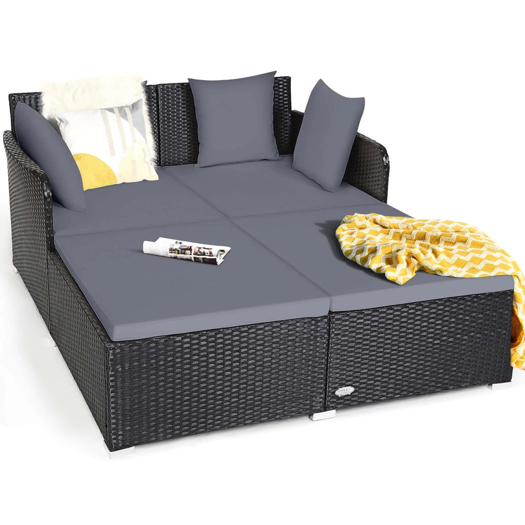 Costway Outdoor Patio Rattan Daybed Pillows Cushioned Sofa Furniture Beige