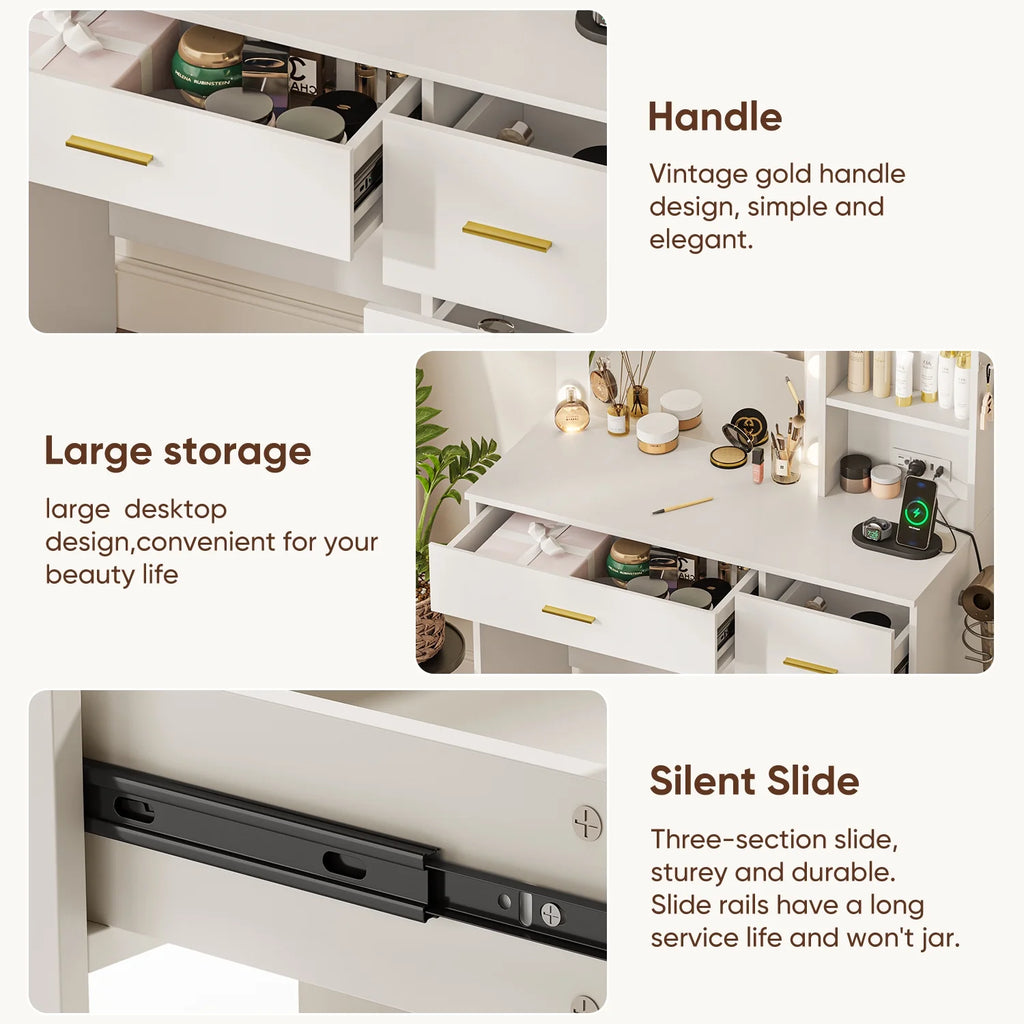 Makeup Vanity with Mirror and 3 Color Lights,Vanity Dressing Table with USB Charging Station,4 Drawers,Open Storage Shelves,White