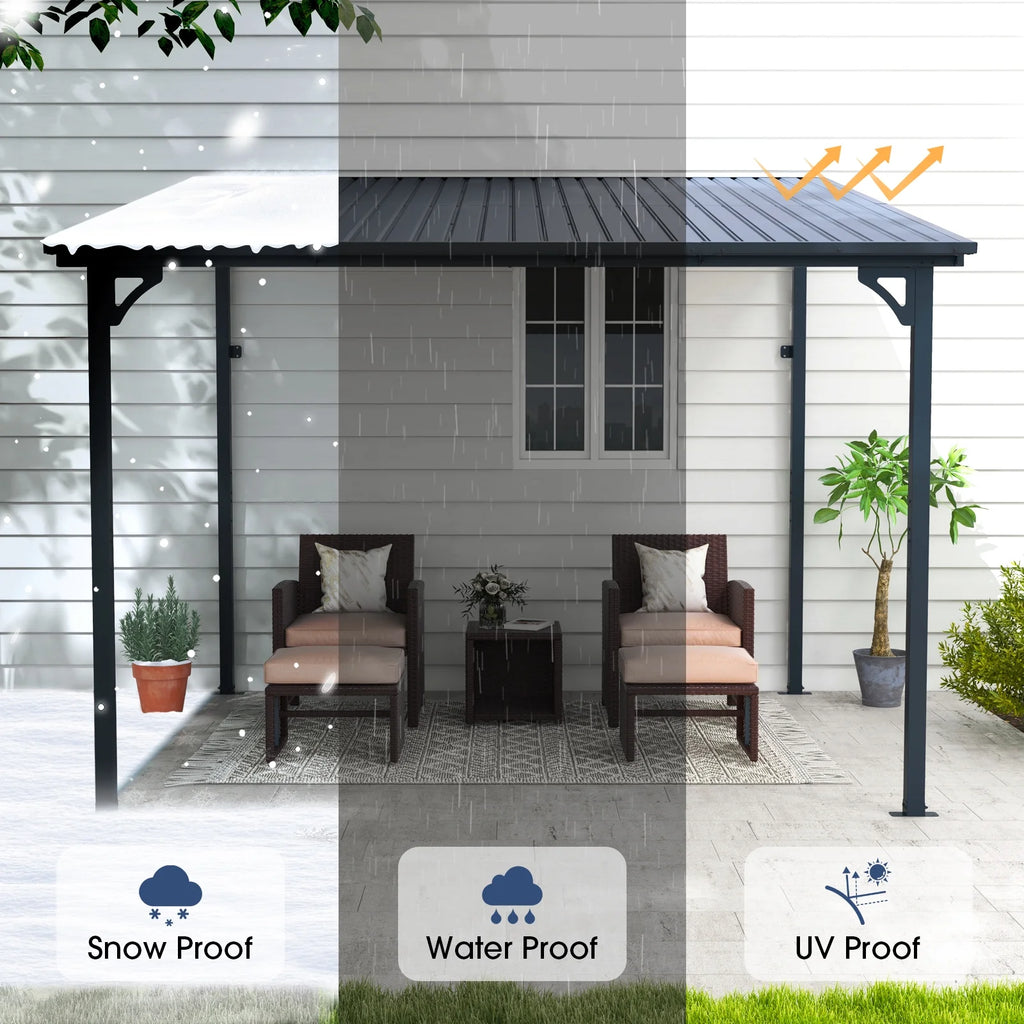 8' x 10' Outdoor Pergola Gazebo, Lean to Awnings Gazebos, Heavy Duty Hard Top Metal Pergola with Roof, for Patio, Backyard, Decks, Poolside